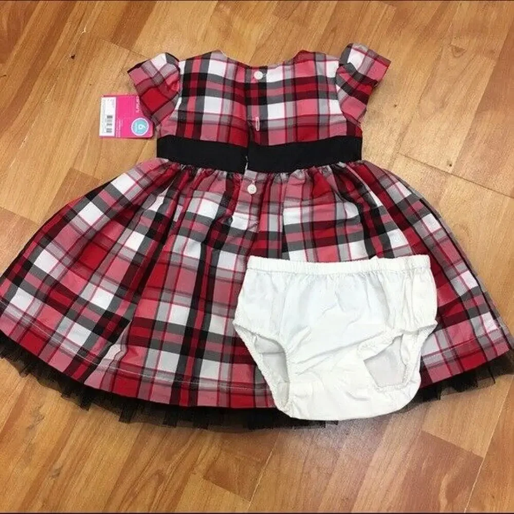 Carter's Girls‎ Dress Sz 6 mo Red Black White Plaid Short Sleeve Holiday NEW